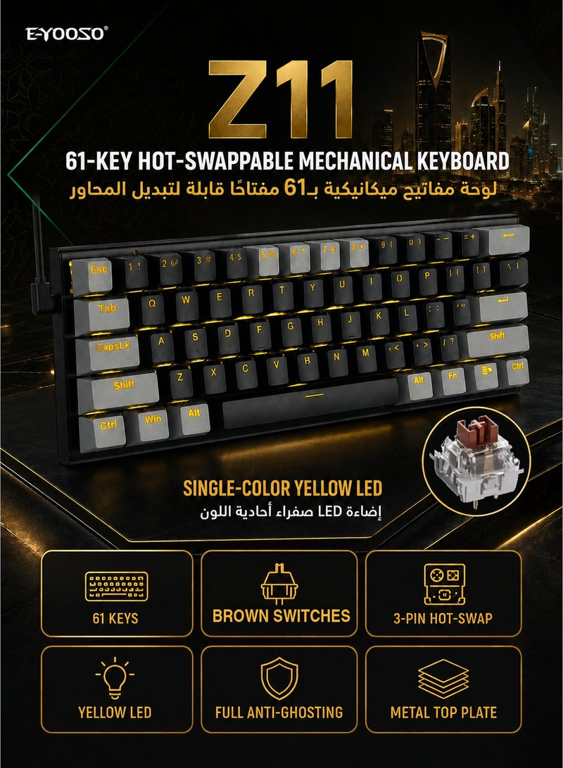 E-YOOSO 60% Wired Mechanical Gaming Keyboard with Brown Switches, LED Yellow Backlit, Ultra-Compact Computer Keyboard for PS4/5, Windows, Mac OS (Black Grey) - Image 2