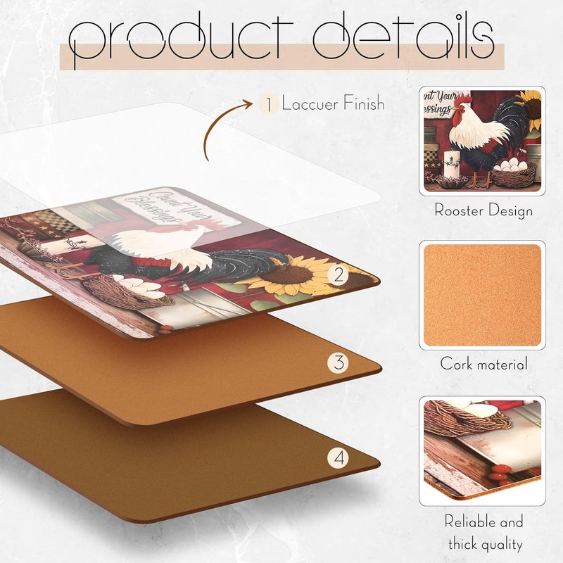 Tiangrid 8 Sets Rooster Cork Placemats with Coasters Include Cork Backing Table Mats and Round Coasters Placemats Set for Kitchen Dinner Table Setting Supplies 12 x 16 Inch - Image 3