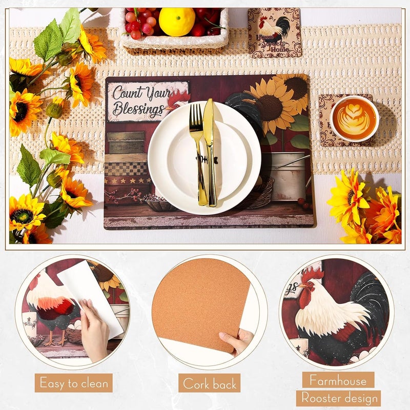 Tiangrid 8 Sets Rooster Cork Placemats with Coasters Include Cork Backing Table Mats and Round Coasters Placemats Set for Kitchen Dinner Table Setting Supplies 12 x 16 Inch - Image 2