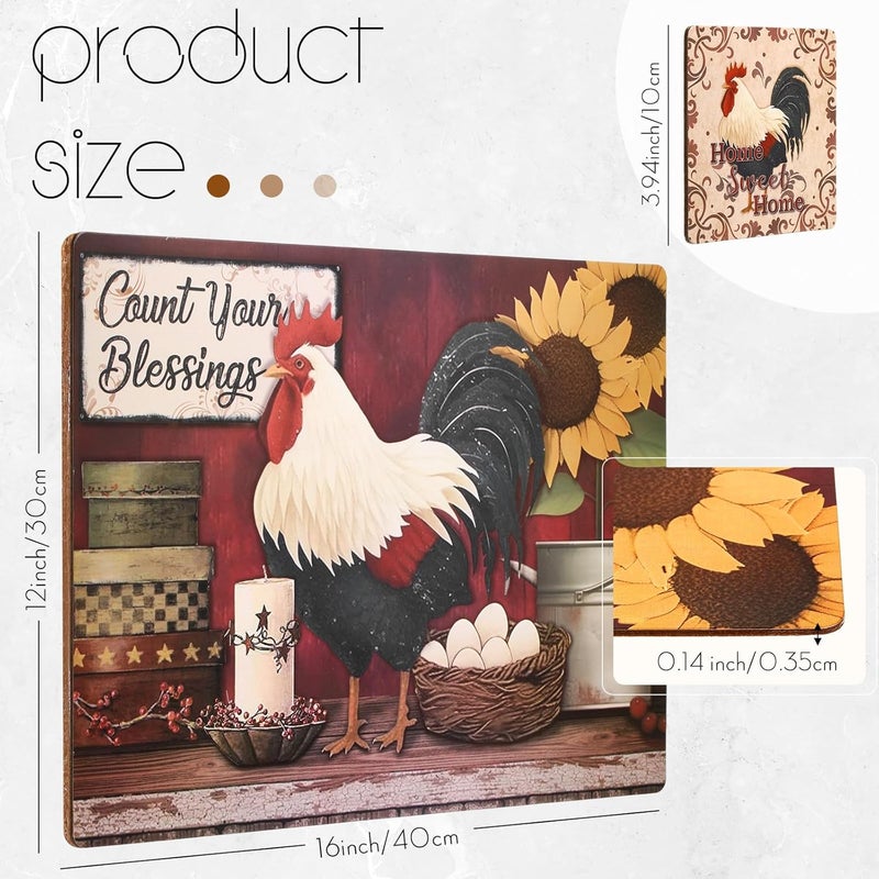 Tiangrid 8 Sets Rooster Cork Placemats with Coasters Include Cork Backing Table Mats and Round Coasters Placemats Set for Kitchen Dinner Table Setting Supplies 12 x 16 Inch - Image 4