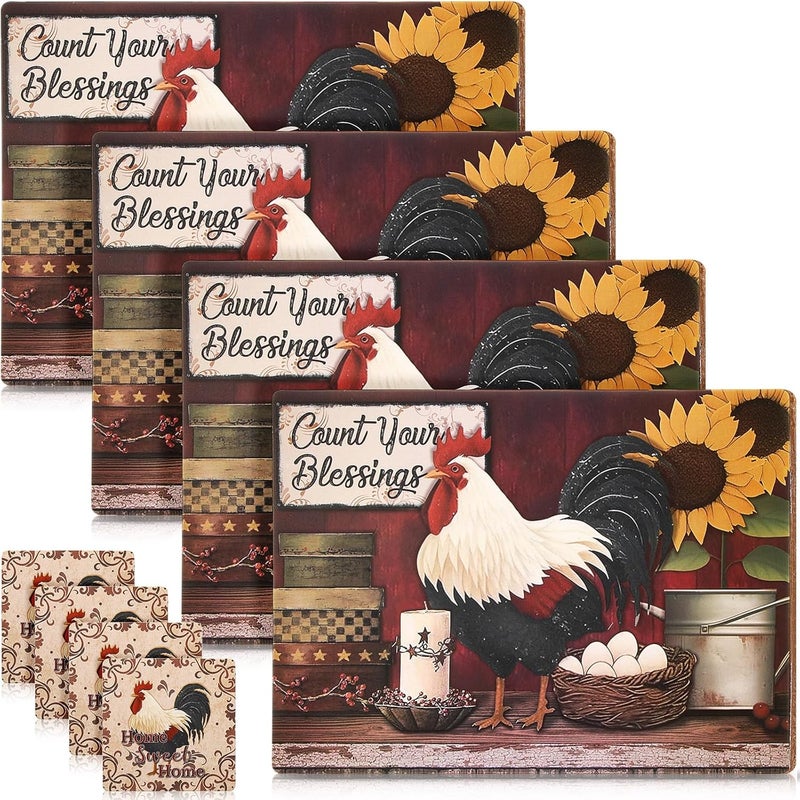 Tiangrid 8 Sets Rooster Cork Placemats with Coasters Include Cork Backing Table Mats and Round Coasters Placemats Set for Kitchen Dinner Table Setting Supplies 12 x 16 Inch - Image 1