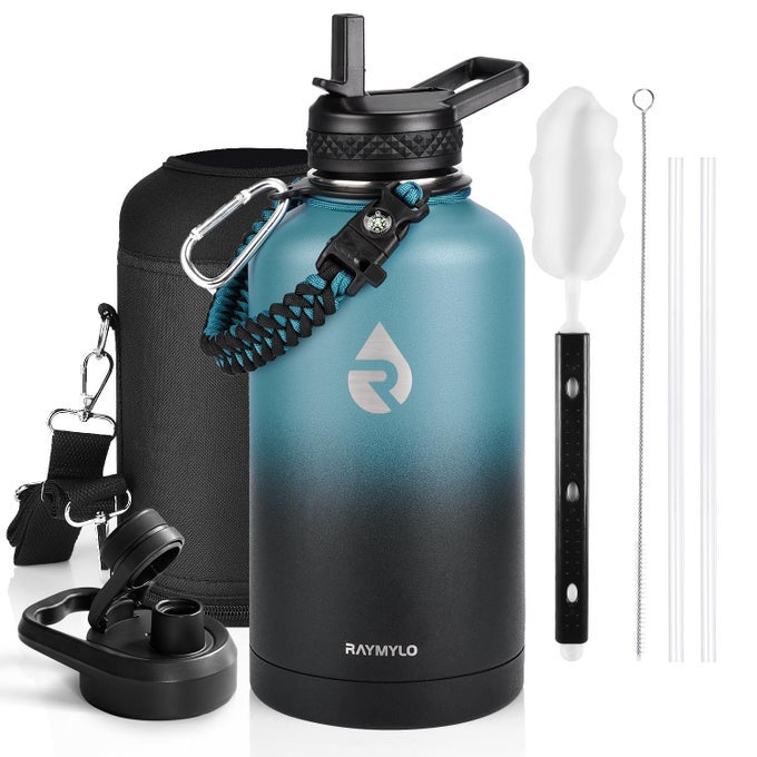 INSULATED WATER BOTTLE 64 OZ TRIPLE WALL VACUUM STAINLESS STEEL COLD FOR 48 HRS LEAK PROOF NONBPA HALF GALLON WATER FLASK JUG WITH PARACORD HANDLE STRAW SPOUT LIDS