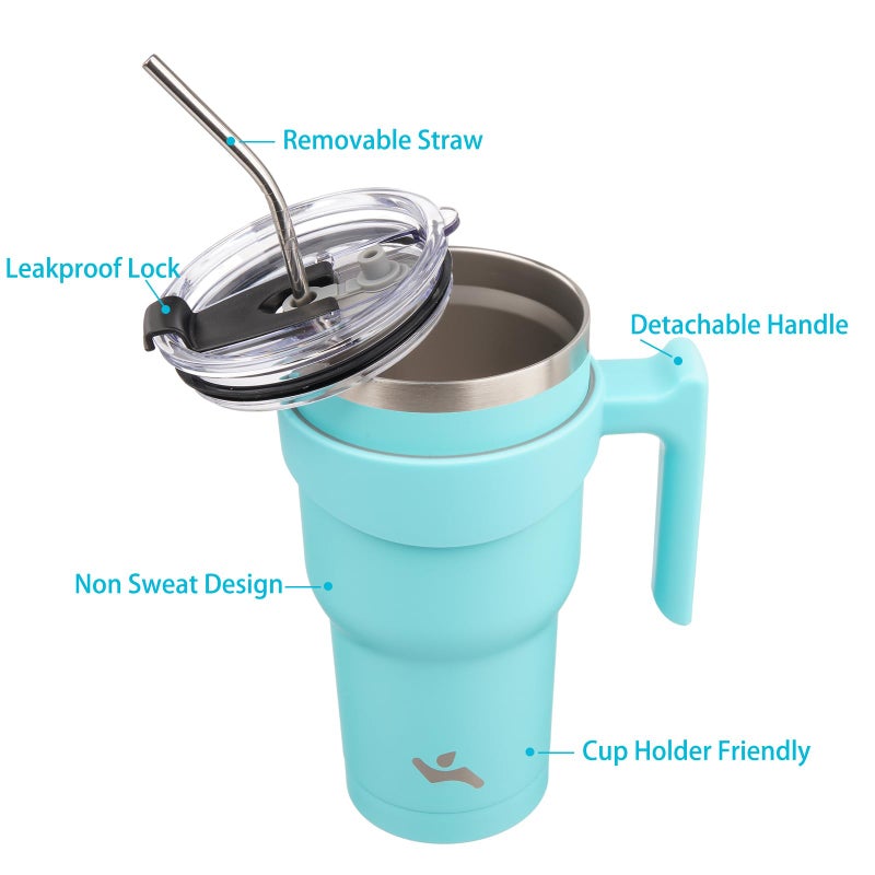 Konokyo 40 oz Tumbler with Handle and 2 Straw 2 Lid, Insulated Water Bottle Stainless Steel Vacuum Cup Reusable Travel Mug,Turquoise - Image 2