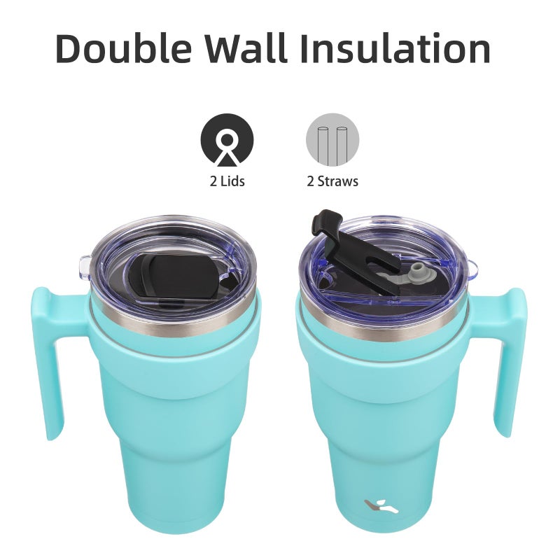 Konokyo 40 oz Tumbler with Handle and 2 Straw 2 Lid, Insulated Water Bottle Stainless Steel Vacuum Cup Reusable Travel Mug,Turquoise - Image 3