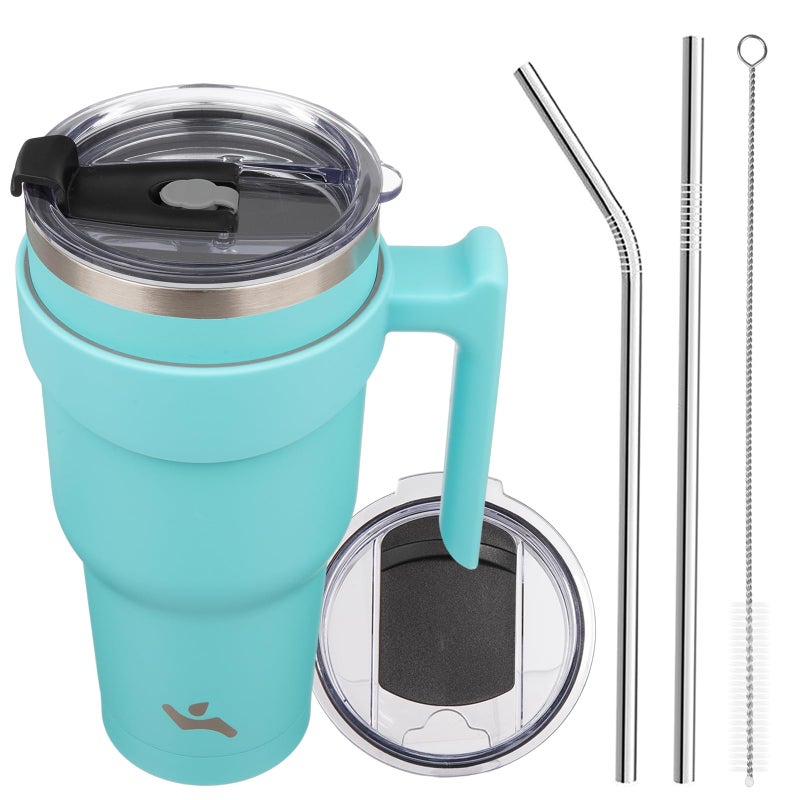 Konokyo 40 oz Tumbler with Handle and 2 Straw 2 Lid, Insulated Water Bottle Stainless Steel Vacuum Cup Reusable Travel Mug,Turquoise - Image 1
