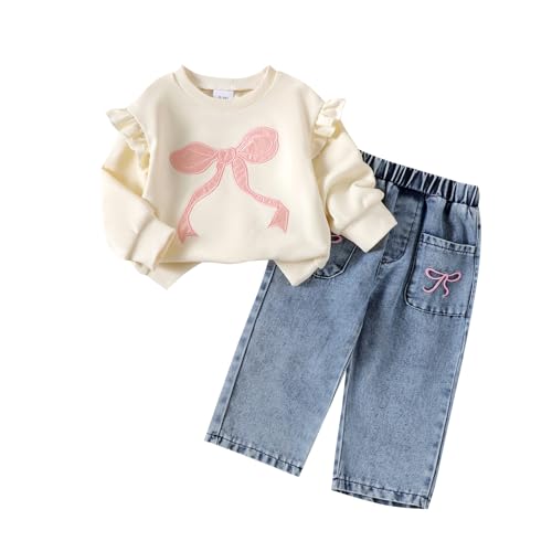 BULINGNA Toddler Baby Girl Clothes Fall Spring Outfit Bow Embroidered Long Sleeve Sweatshirt Denim Jeans Pants 2pcs Set (Khaki, 12-18 Months) - Image 1