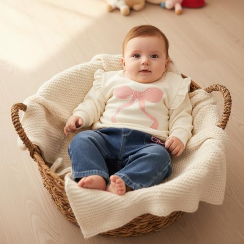 BULINGNA Toddler Baby Girl Clothes Fall Spring Outfit Bow Embroidered Long Sleeve Sweatshirt Denim Jeans Pants 2pcs Set (Khaki, 12-18 Months) - Image 2