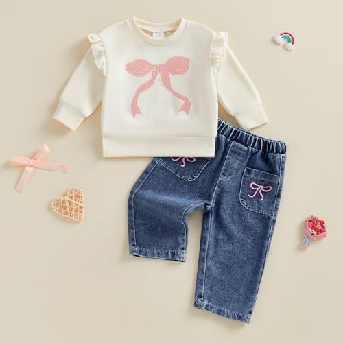 BULINGNA Toddler Baby Girl Clothes Fall Spring Outfit Bow Embroidered Long Sleeve Sweatshirt Denim Jeans Pants 2pcs Set (Khaki, 12-18 Months) - Image 4