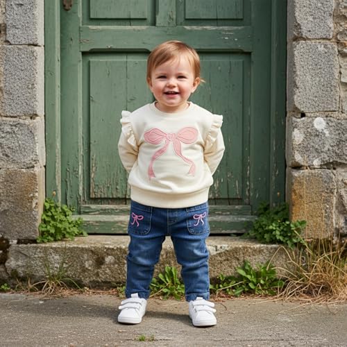 BULINGNA Toddler Baby Girl Clothes Fall Spring Outfit Bow Embroidered Long Sleeve Sweatshirt Denim Jeans Pants 2pcs Set (Khaki, 12-18 Months) - Image 3