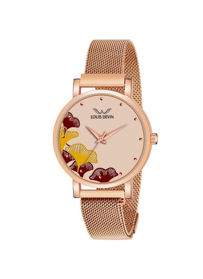 LOUIS DEVIN - LOUIS DEVIN Rose Gold Plated Mesh Chain Analog Wrist Watch for Women (Rose Gold Dial) | LD-RG162-RG - Image 1