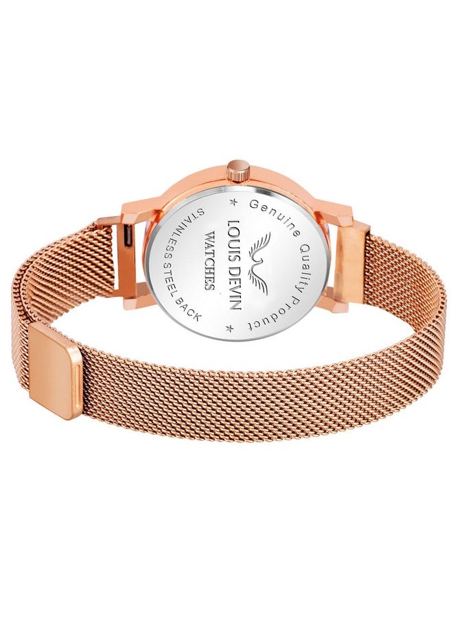 LOUIS DEVIN - LOUIS DEVIN Rose Gold Plated Mesh Chain Analog Wrist Watch for Women (Rose Gold Dial) | LD-RG162-RG - Image 1
