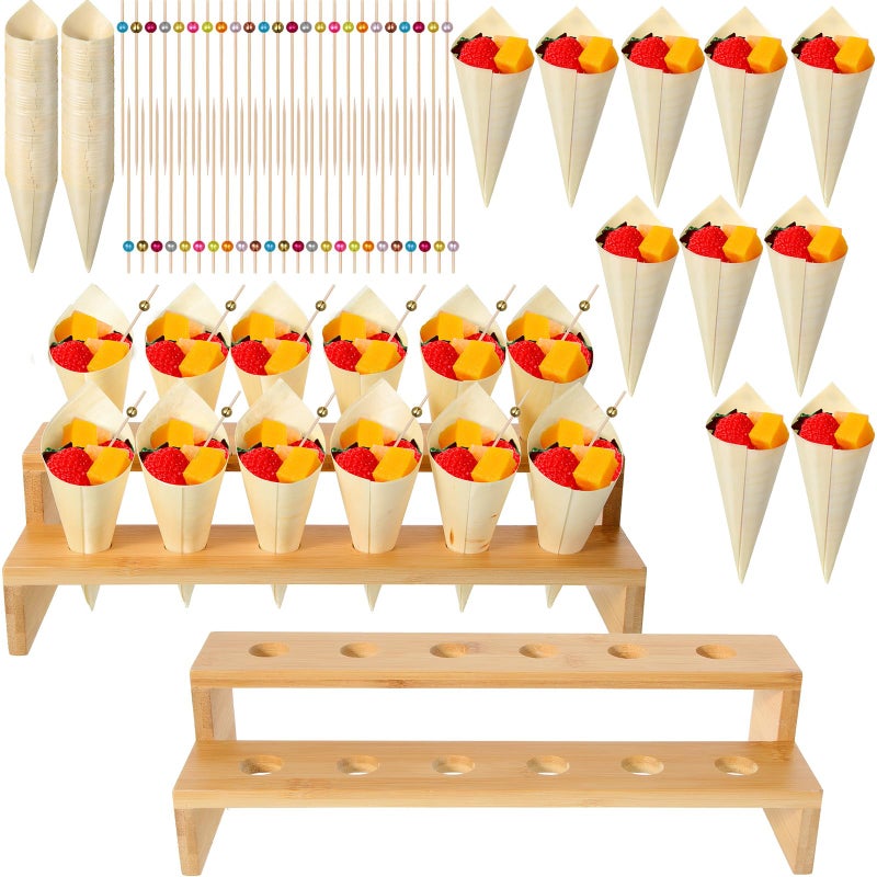 Queekay 2 Pcs Wooden Ice Cream Cone Holder Stand 13 x 5.7 Inch with 12 Holes 150 Wooden Cones and 150 Colorful Bamboo Stick Display Stand Charcuterie Cones Holder Disposable Cones for Appetizer Party (Brown) - Image 1