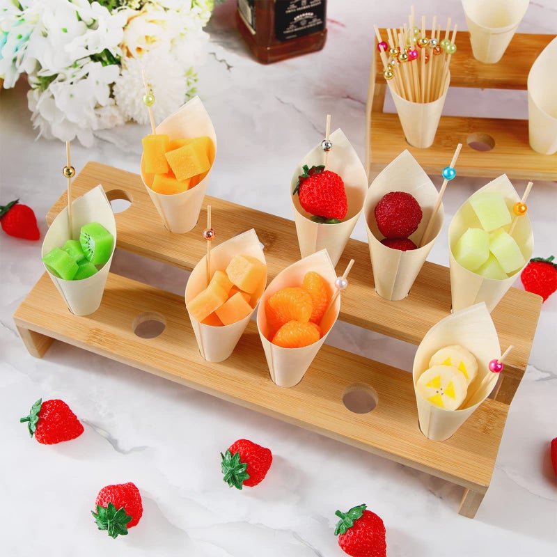 Queekay 2 Pcs Wooden Ice Cream Cone Holder Stand 13 x 5.7 Inch with 12 Holes 150 Wooden Cones and 150 Colorful Bamboo Stick Display Stand Charcuterie Cones Holder Disposable Cones for Appetizer Party (Brown) - Image 5