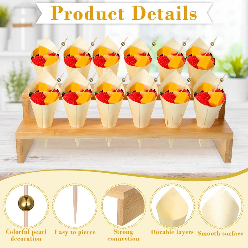 Queekay 2 Pcs Wooden Ice Cream Cone Holder Stand 13 x 5.7 Inch with 12 Holes 150 Wooden Cones and 150 Colorful Bamboo Stick Display Stand Charcuterie Cones Holder Disposable Cones for Appetizer Party (Brown) - Image 3