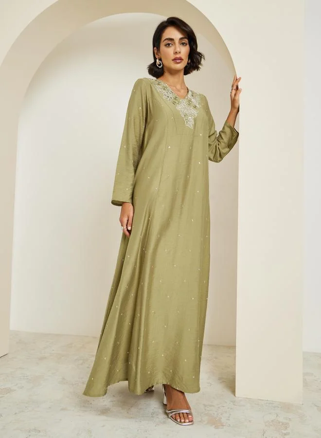 Amirah Women Green Embroidered A-Line Kaftan