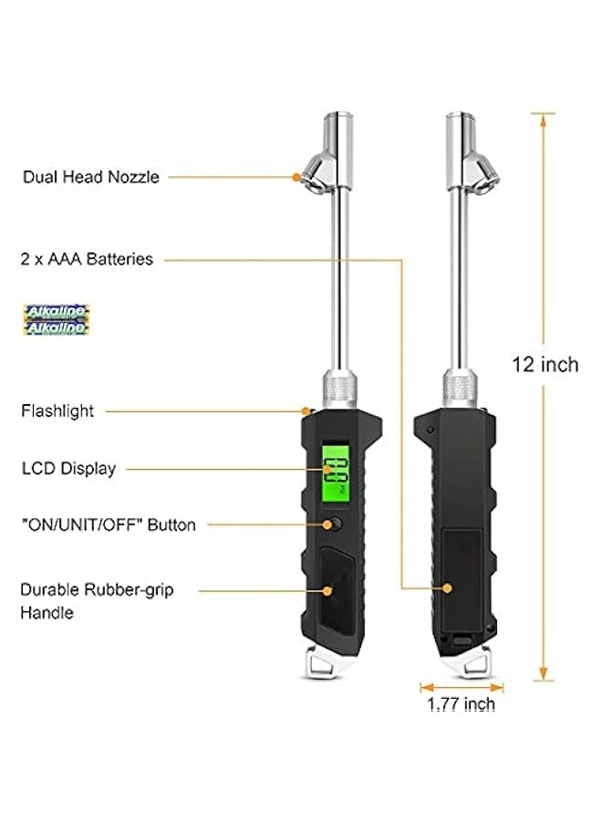 Generic Digital Tire Pressure Gauge 230 PSI Heavy Duty Dual Head for Truck and RV with Backlit LCD and Flashlight with Keyring Tyre Air Inflator Gauge With Flexible Hose for Cars Motorbike  - Image 2