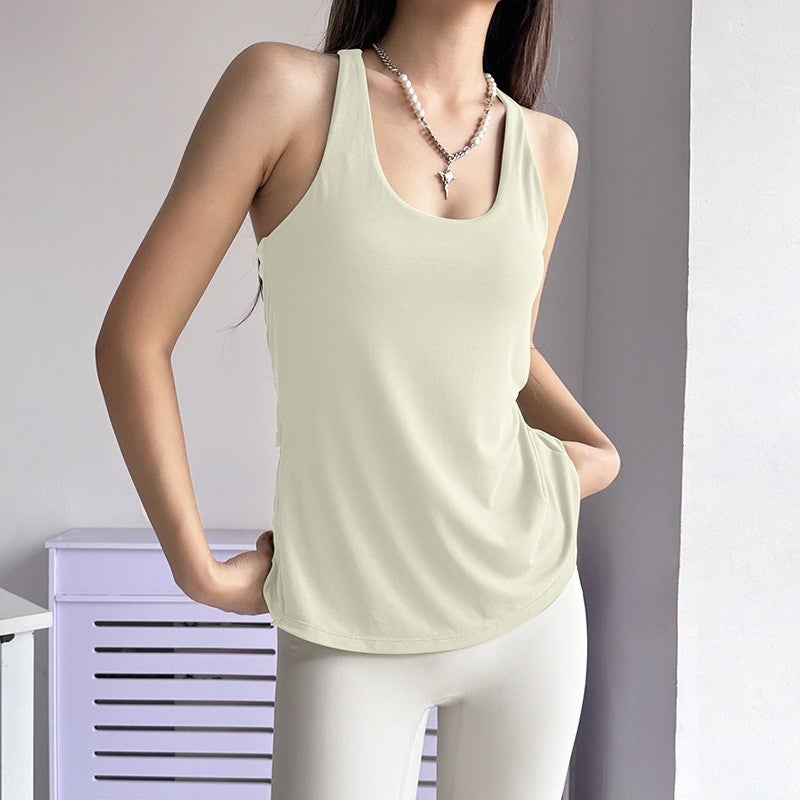 Generic Fake Two-piece Fitness Vest Womens Chest Pad Sports Top Running Cross-back Yoga Clothes Sleeveless T-shirt White 
