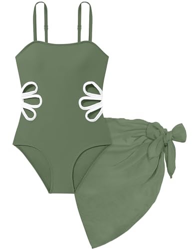 TALLWH Girls Swimsuits Size 10-12, Adjustable Straps Cut Out One Piece Swimsuit with Solid Color Cover Up Skirt Girls' Swimwear Bathing Suits for Teen Girls - Image 1