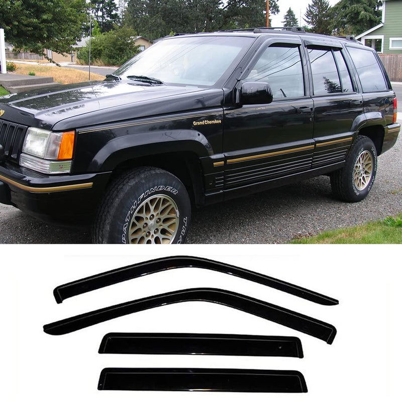 Kucaruce Side Window Visor Vent DeflectorOutside Mount Tapeon Shatterproof Sun Rain Guard fit for 19931998 Jeep Grand CherokeeDark Smoke 4pc Window Shades 94320