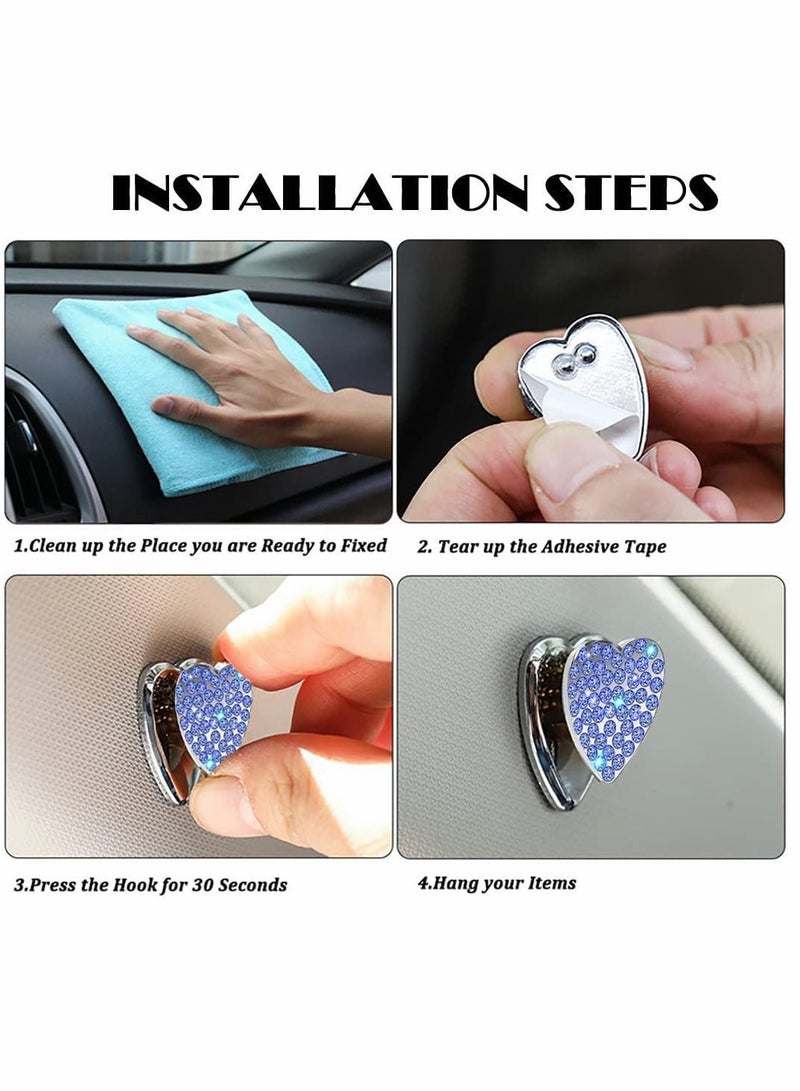 Y&D Car Hook, Mini Self Adhesive Storage Crystal Heart Shape Alloy Hook for Seat Back Dashboard, Home Living Room Bedroom Bathroom Key Wallet Mask Headphone Charging Cable (4 Pcs, Blue)  - Image 5