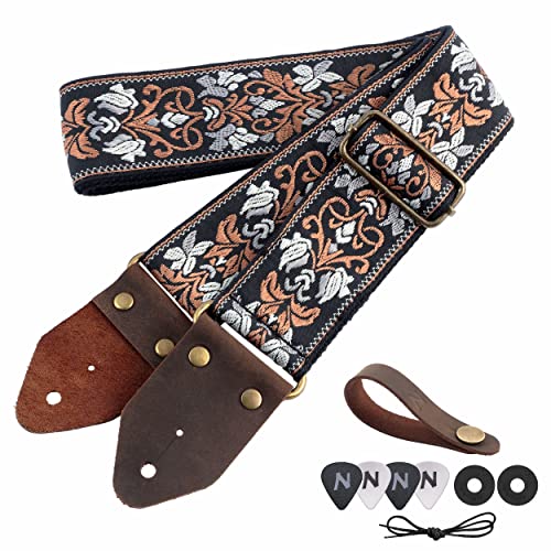 Nefelibata Guitar Strap,Jacquard Embroidery Cotton Guitar Straps with Crazy Horse Leather Ends for Bass, Electric & Acoustic, Best Gifts for Kids, Guitarists(Retro Brown Flower) - Image 1