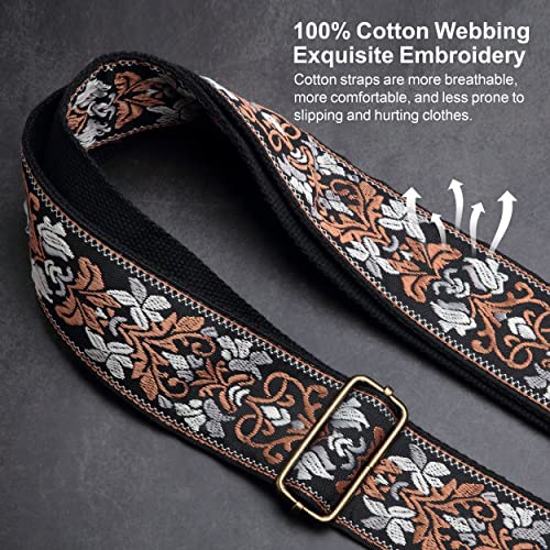 Nefelibata Guitar Strap,Jacquard Embroidery Cotton Guitar Straps with Crazy Horse Leather Ends for Bass, Electric & Acoustic, Best Gifts for Kids, Guitarists(Retro Brown Flower) - Image 3