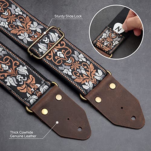 Nefelibata Guitar Strap,Jacquard Embroidery Cotton Guitar Straps with Crazy Horse Leather Ends for Bass, Electric & Acoustic, Best Gifts for Kids, Guitarists(Retro Brown Flower) - Image 2