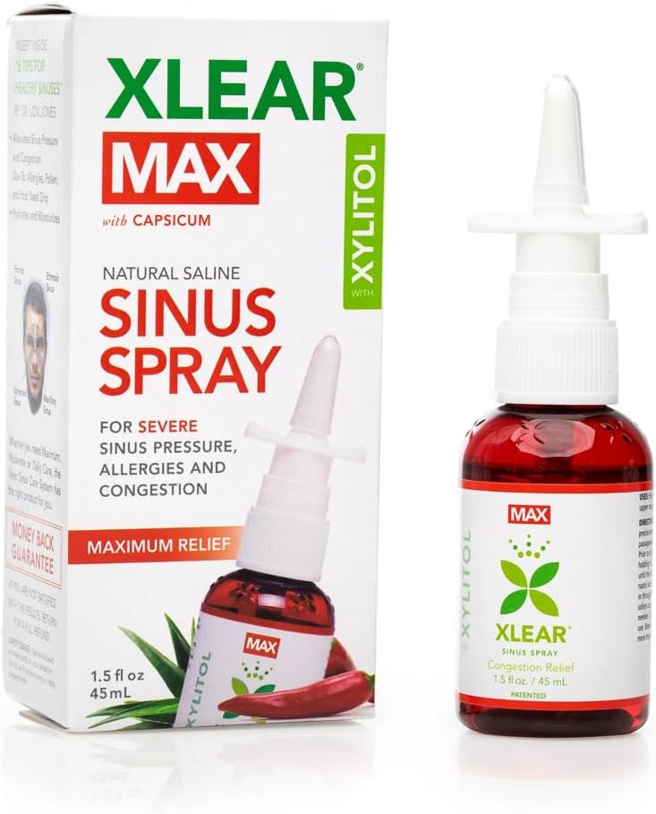 Xlear Xlear MAX Saline Nasal Spray, Natural Formula with Xylitol, Capsicum and Aloe, Nasal Decongestant for Sinus Pressure, Headache, Dry Nose for Kids and Adults, 1.5 fl oz (Pack of 4) 