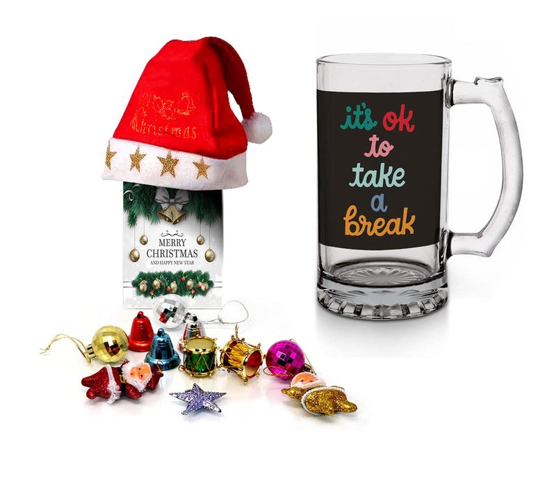 Kesri Gifts Kesri Gifts Christmas Gift Set Printed Beer Mug 12 Christmas Ornaments with Santa Cap Xmas Greeting Card for Xmas Gift ComboxmBrm21126 - Image 1