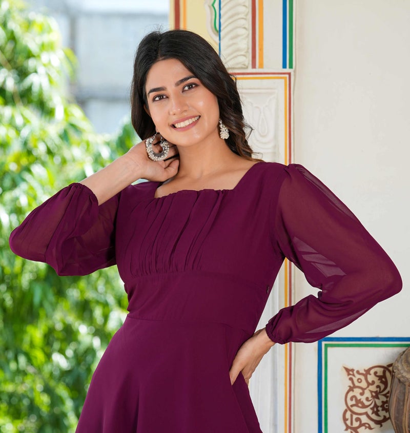 Yash Gallery Women's Wine Fited Georgette Anarkali Dress (Wine), Midi, Medium - Image 3
