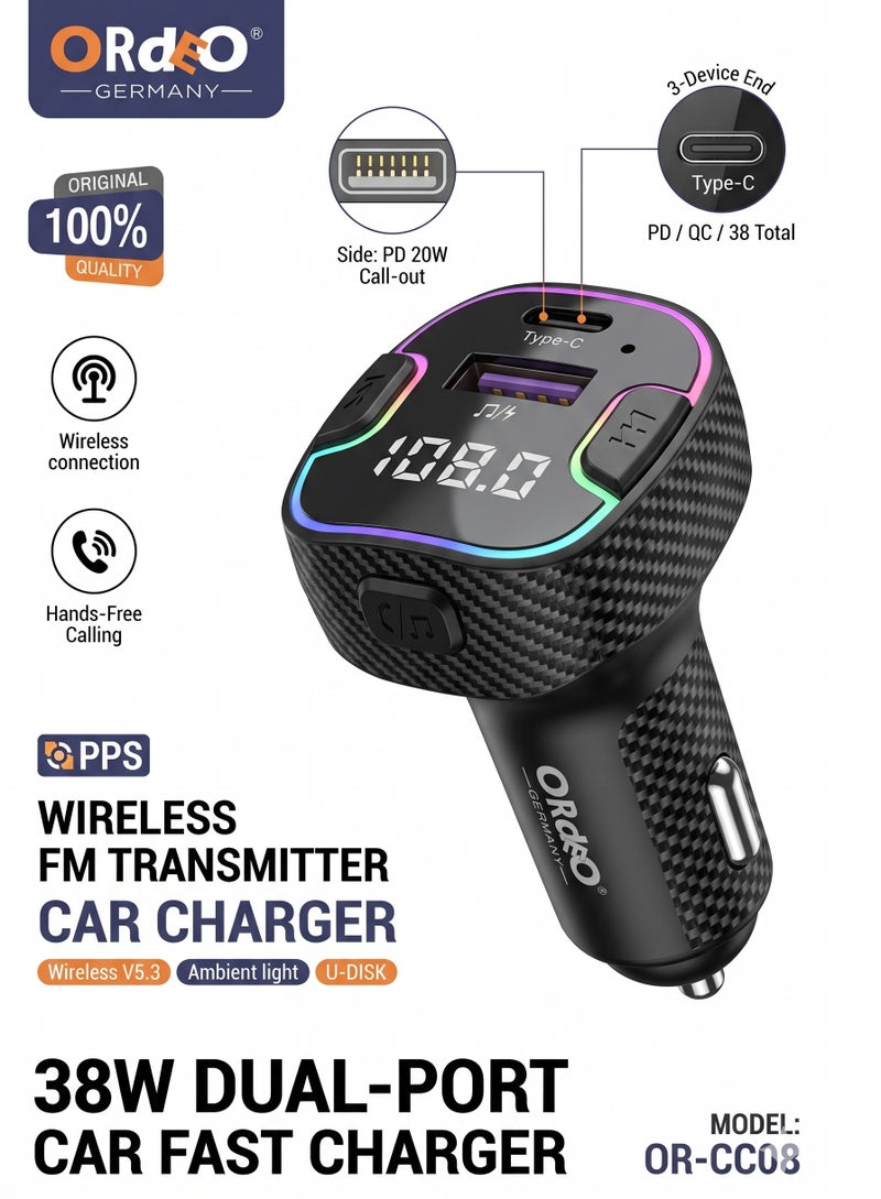 ORdEO Car Charger & Wireless FM Transmitter PD 15W, Wireless Connection V5.3, Hands-Free Calling,  USB-A & Type-C Fast Charging, RGB Ambient Light, U-Disk Support - Image 1