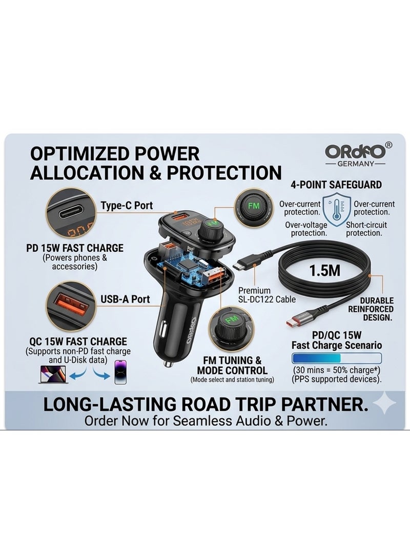 ORdEO Car Charger & Wireless FM Transmitter PD 15W, Wireless Connection V5.3, Hands-Free Calling,  USB-A & Type-C Fast Charging, RGB Ambient Light, U-Disk Support - Image 3