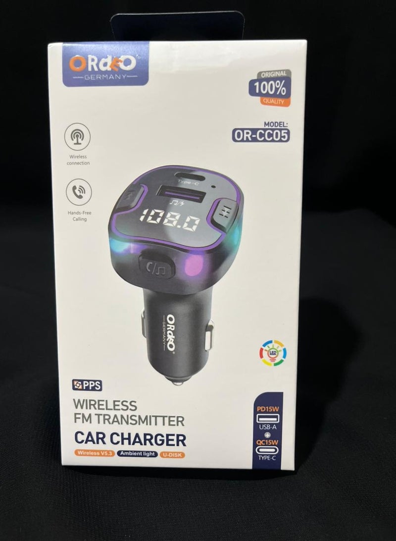 ORdEO Car Charger & Wireless FM Transmitter PD 15W, Wireless Connection V5.3, Hands-Free Calling,  USB-A & Type-C Fast Charging, RGB Ambient Light, U-Disk Support - Image 2