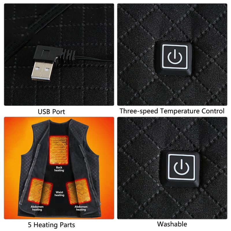 Heating Vest: Black M Size, Anti-static Lightweight Polyester, 5 Heated Areas - 3 Level Temperature Control, Carbon Nanofiber Heating Elements for Outdoor Sports & Winter Daily Use - Image 5