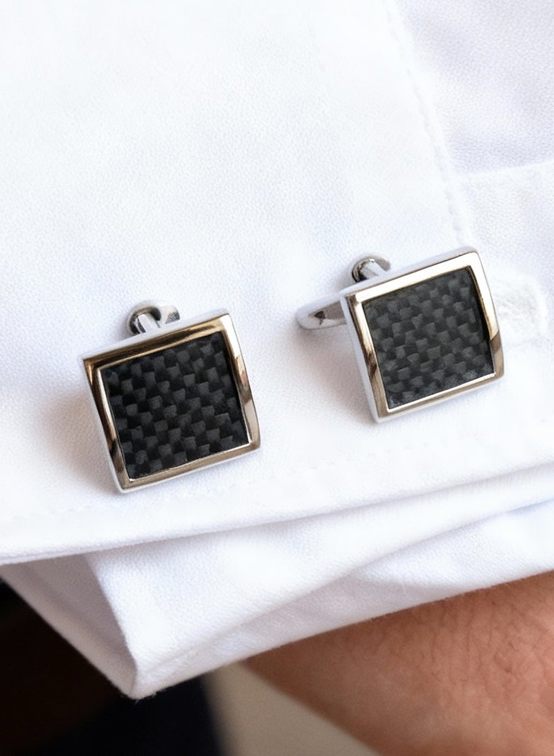 Cufflinks, Square Arc-Shaped Carbon Fiber Pattern Cufflinks, 2 PCS in One Set Copper Material Jewelry Specially Design for Men's Shirt Wedding Business Gift with Delicate Package Box. - Image 1