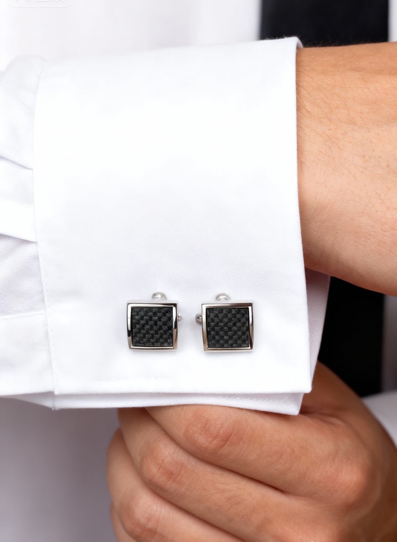 Cufflinks, Square Arc-Shaped Carbon Fiber Pattern Cufflinks, 2 PCS in One Set Copper Material Jewelry Specially Design for Men's Shirt Wedding Business Gift with Delicate Package Box. - Image 2