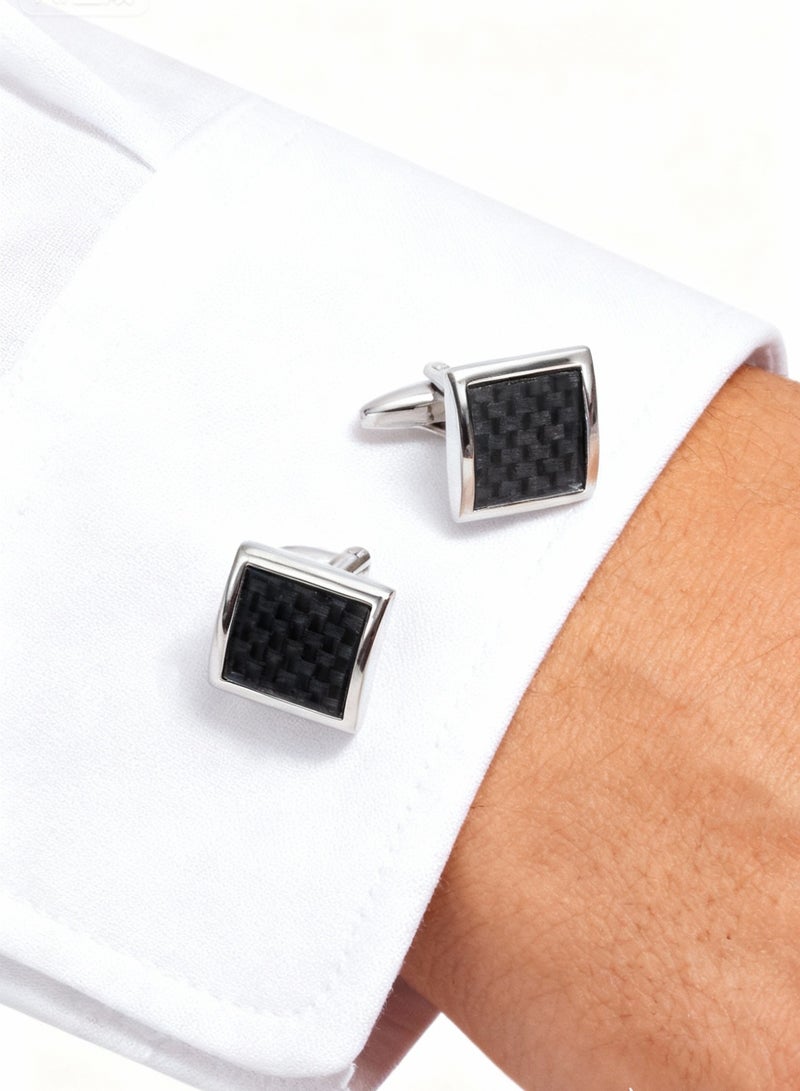 Cufflinks, Square Arc-Shaped Carbon Fiber Pattern Cufflinks, 2 PCS in One Set Copper Material Jewelry Specially Design for Men's Shirt Wedding Business Gift with Delicate Package Box. - Image 3