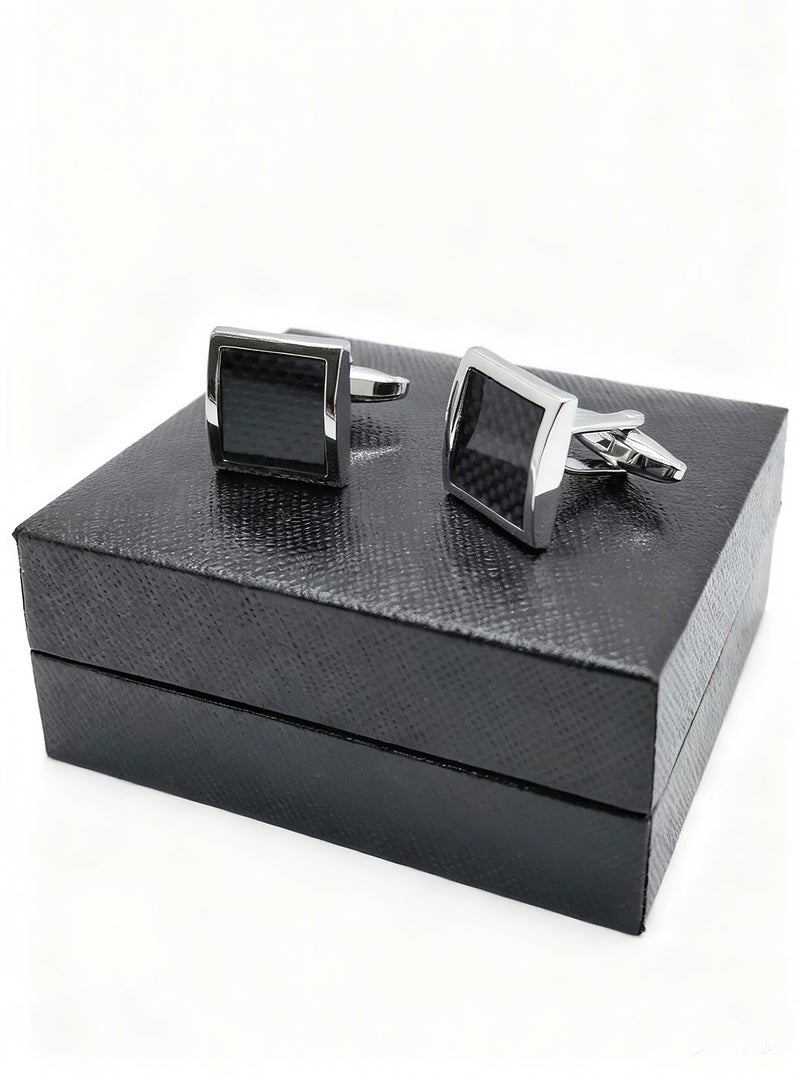 Cufflinks, Square Arc-Shaped Carbon Fiber Pattern Cufflinks, 2 PCS in One Set Copper Material Jewelry Specially Design for Men's Shirt Wedding Business Gift with Delicate Package Box. - Image 5