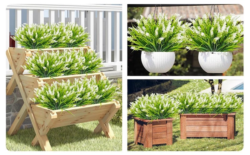obbsie 12 Bundles Artificial Plants Outdoor, 18.2" UV Resistant Faux Monkey Grass Greenery Stems No Fade Faux Plastic Flowers Shrubs for Home Weddings Garden Porch Front Patio Office Decor- White - Image 5