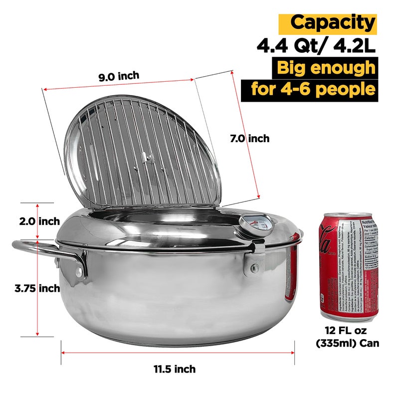 Saltlas Deep Fryer Pot (Â°F), 11"/4.4Qt (4.2 L) Extra Large Tempura Frying Pot with Lid, 304 Stainless Steel Fry Pot with Fahrenheit Thermometer and Oil Drip Drain Rack - Image 5
