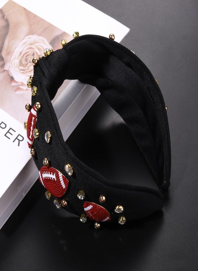 سيالكسهيني طوق رأس لكرة القدم من CEALXHENY للنساء، مزين بالخرز وأحجار الراين والكريستال، طوق شعر معقود، مزين بالجواهر، طوق رأس مزين بعقدة علوية ليوم المباراة، إكسسوارات شعر لأمهات لاعبي كرة القدم (أسود) - Image 4