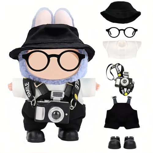 VVQUI Clothes for LABUBU 17cm Doll NO Doll 6Piece Set Hat Overalls Shirt Camera Glasses Shoes Outfit for LABUBU Premium Dolls Accessories for LABUBU Black - Image 1