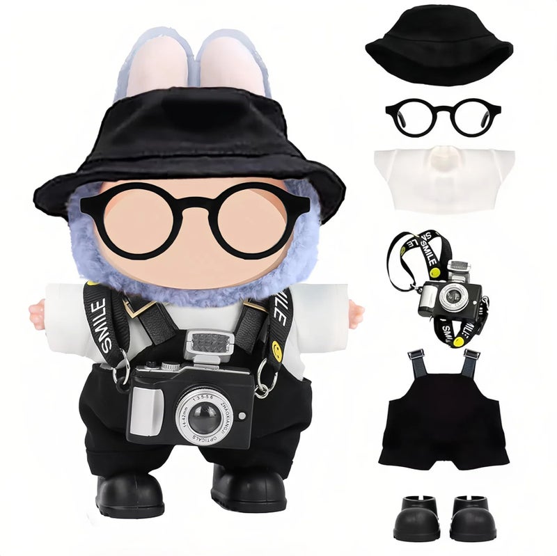 VVQUI Clothes for LABUBU 17cm Doll NO Doll 6Piece Set Hat Overalls Shirt Camera Glasses Shoes Outfit for LABUBU Premium Dolls Accessories for LABUBU Black - Image 3