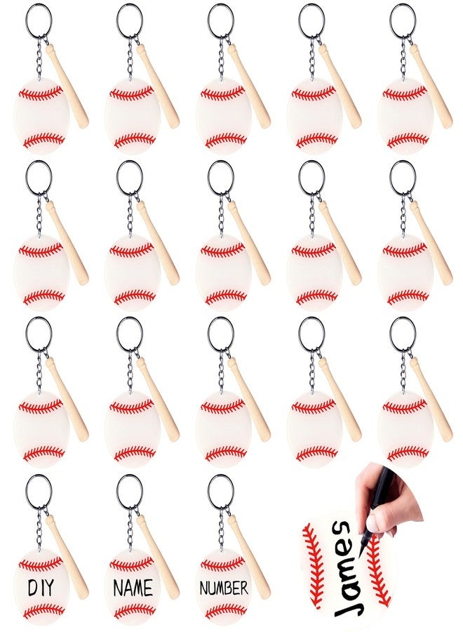 ROLYTA 18 Pcs Baseball Keychain,Acrylic Baseball Keychain Blanks Kit with Mini Wooden Handle,White Baseball Bag Tag for DIY Boy Baseball Team Sports Party Favor - Image 1