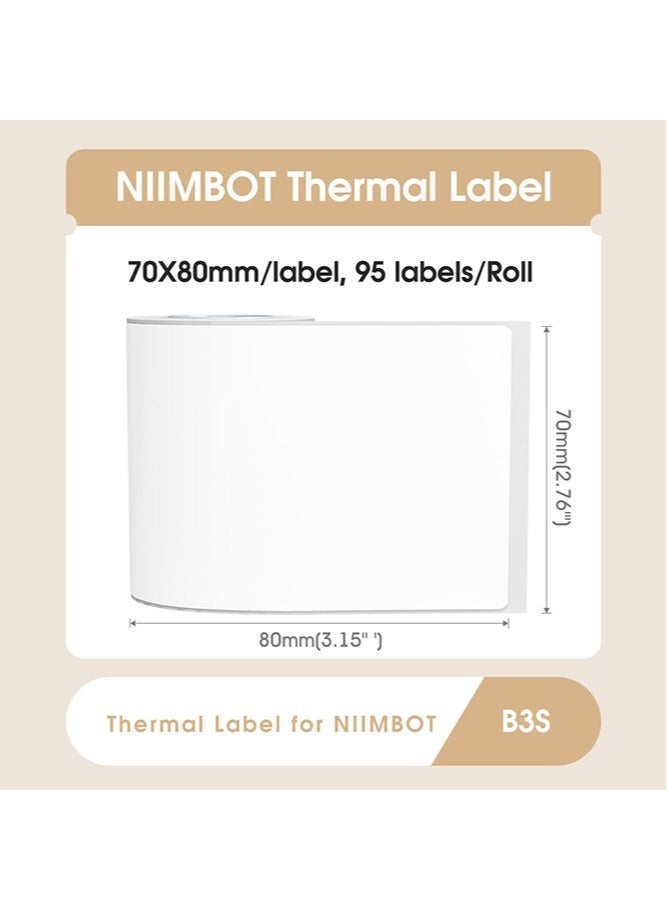 NIIMBOT B3S Label Printer, 70x80mmThermal Sticker Label Paper, Waterproof, Tear-Proof Thermal Label Paper, 1 Roll of 95 Self-Adhesive Printer Labels, White - Image 2