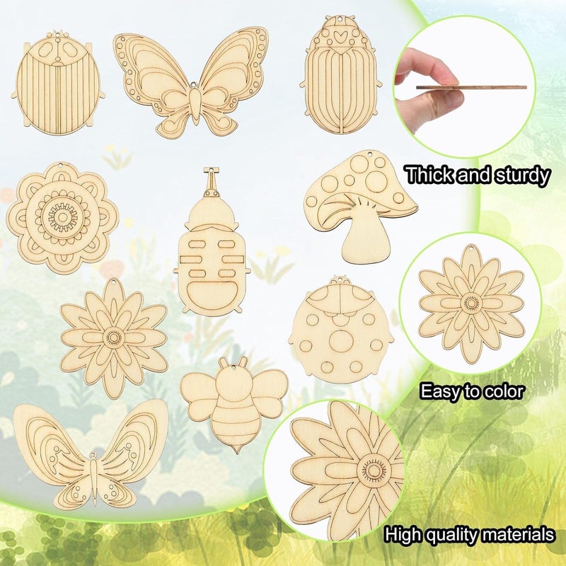 Zikra 40 Pcs Unfinished Wooden Cutouts Wood Insect Mushroom Flower erfly Scrapbooking Embellishments with Hemp Rope for School Holiday Party Children Painting DIY Crafts Home Decor 10 Styles - Image 5