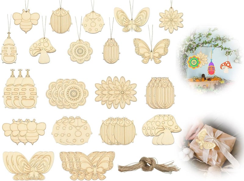 Zikra 40 Pcs Unfinished Wooden Cutouts Wood Insect Mushroom Flower erfly Scrapbooking Embellishments with Hemp Rope for School Holiday Party Children Painting DIY Crafts Home Decor 10 Styles - Image 1