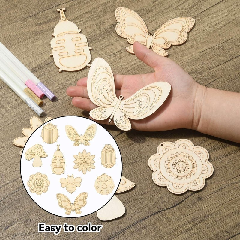 Zikra 40 Pcs Unfinished Wooden Cutouts Wood Insect Mushroom Flower erfly Scrapbooking Embellishments with Hemp Rope for School Holiday Party Children Painting DIY Crafts Home Decor 10 Styles - Image 4