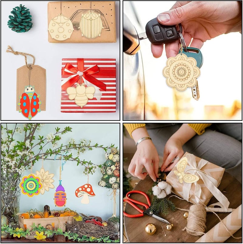 Zikra 40 Pcs Unfinished Wooden Cutouts Wood Insect Mushroom Flower erfly Scrapbooking Embellishments with Hemp Rope for School Holiday Party Children Painting DIY Crafts Home Decor 10 Styles - Image 2