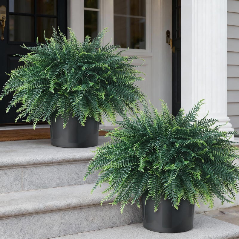 FOTEEWL Artificial Ferns Potted Plant for Front Door Decoration - 2 Sets UV Resistant Realistic Bush Faux Greenery Fern Potted Fake Plants for Home Garden Porch Farmhouse Decor - Image 1